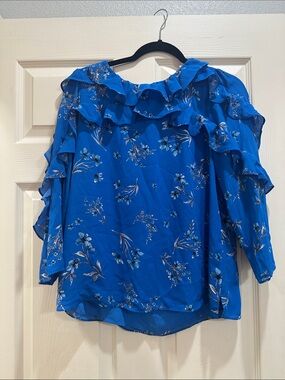 CECE Blue Floral Ruffled Blouse - Women's Top